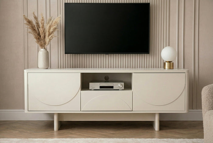 Meuble TV design SAVOY 150cm cachemire marbre blanc céramique avec rangements et façade 3D