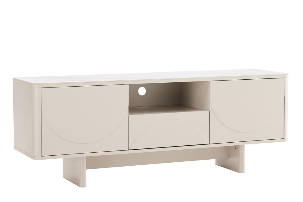 Meuble TV design SAVOY 150cm cachemire marbre blanc céramique avec rangements et façade 3D