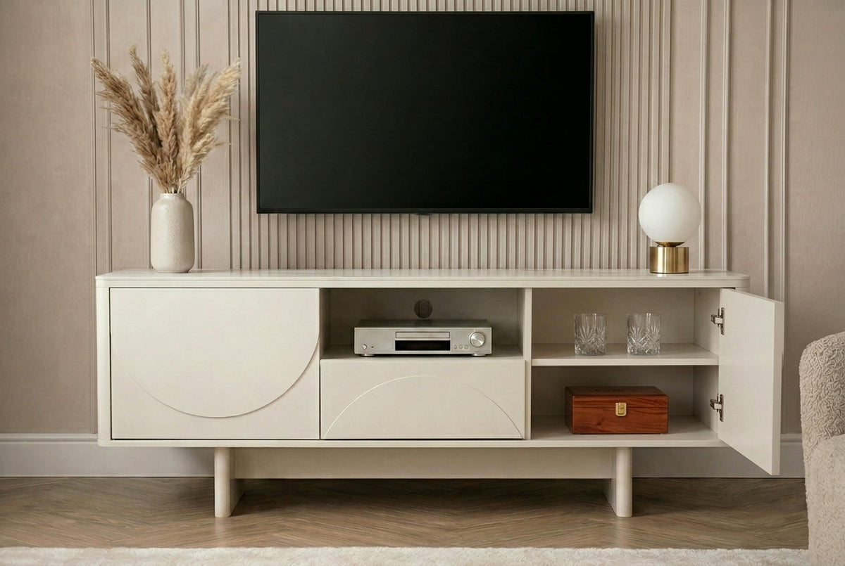 Meuble TV design SAVOY 150cm cachemire marbre blanc céramique avec rangements et façade 3D