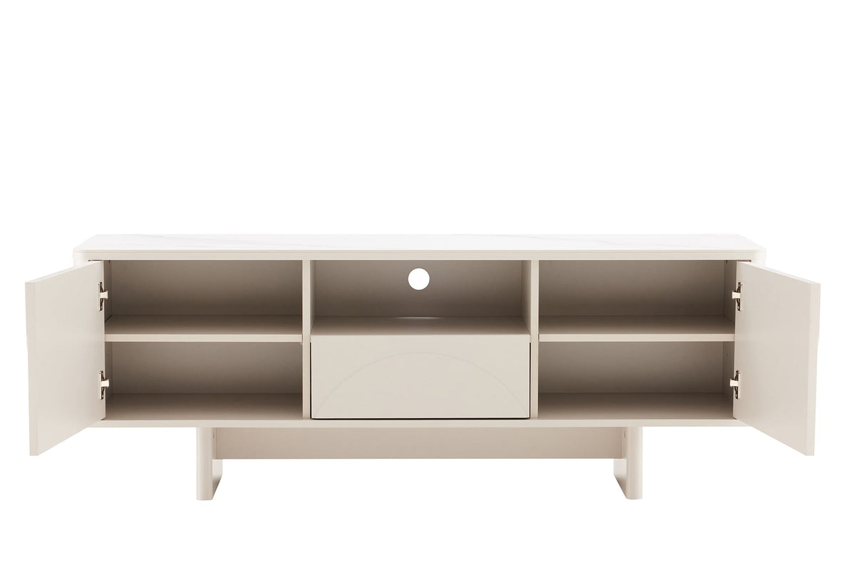 Meuble TV design SAVOY 150cm cachemire marbre blanc céramique avec rangements et façade 3D