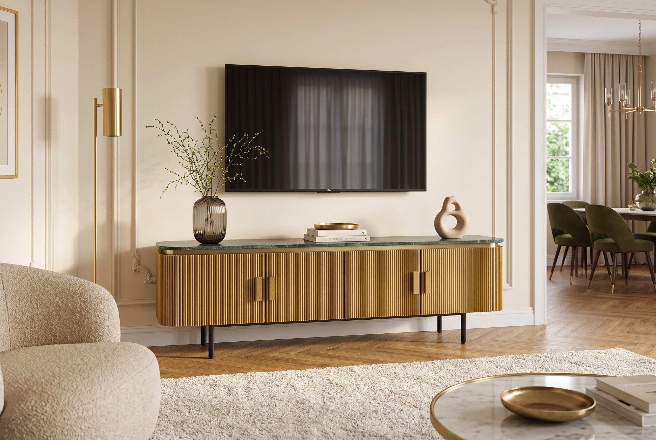 Meuble TV design VENEZIANO 160cm laiton dessus marbre vert manguier rétro