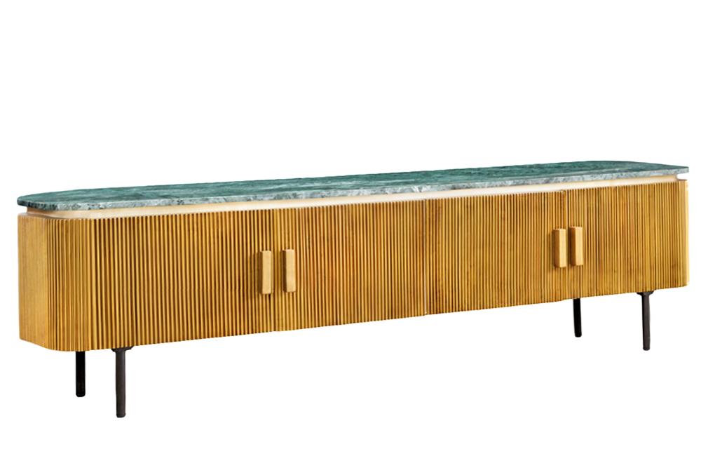 Meuble TV design VENEZIANO 160cm laiton dessus marbre vert manguier rétro
