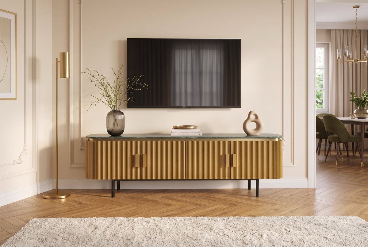Meuble TV design VENEZIANO 160cm laiton dessus marbre vert manguier rétro