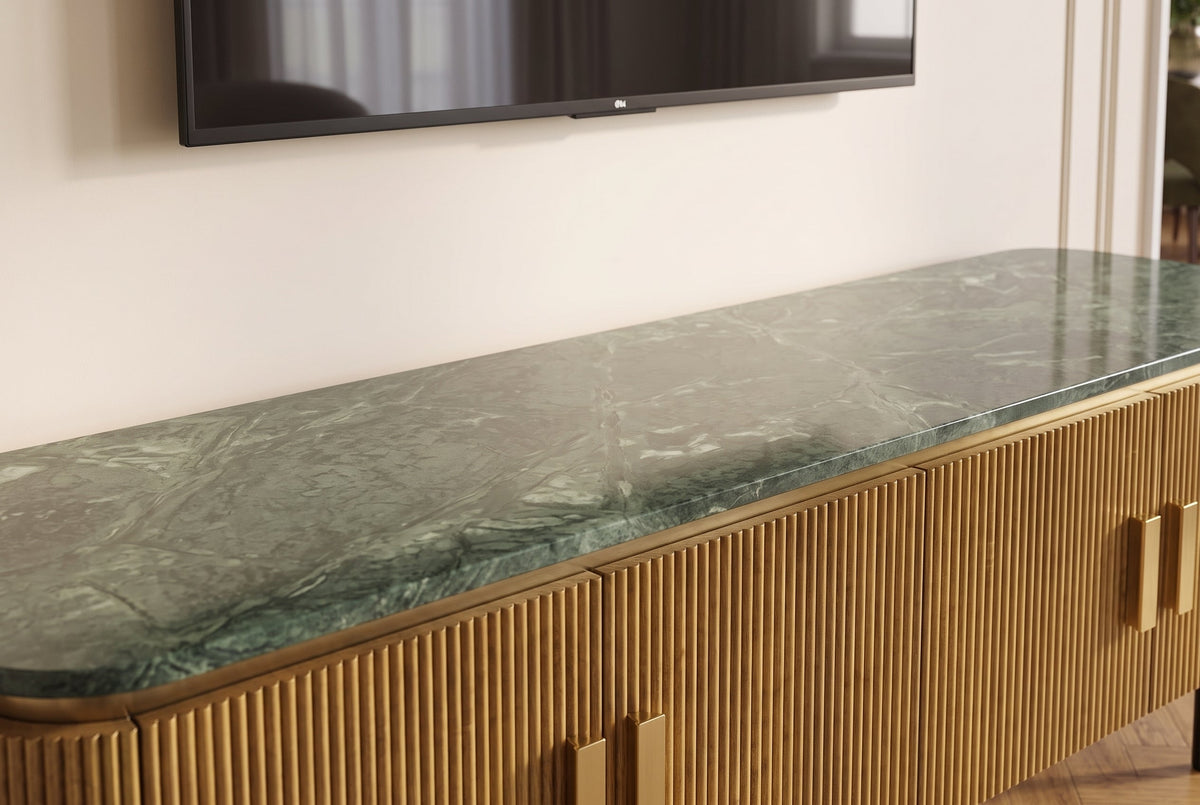 Meuble TV design VENEZIANO 160cm laiton dessus marbre vert manguier rétro