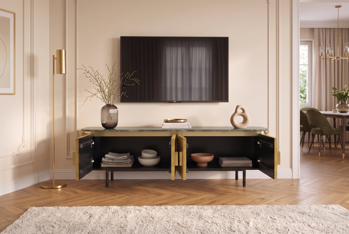 Meuble TV design VENEZIANO 160cm laiton dessus marbre vert manguier rétro