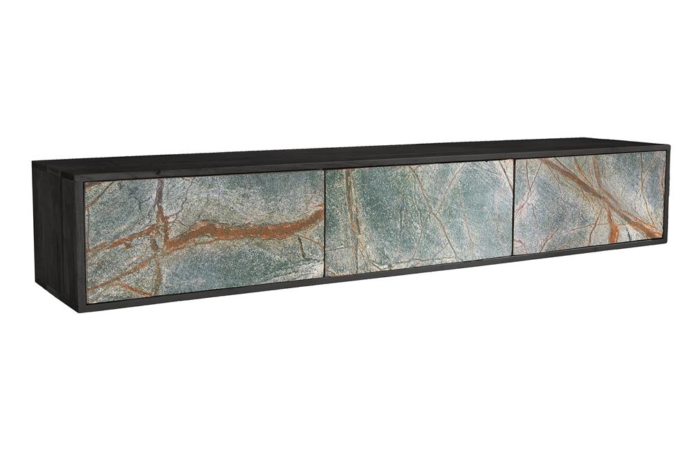 Meuble TV en bois massif MOUNTAIN SOUL 160cm noir suspendu véritable pierre naturelle d’acacia