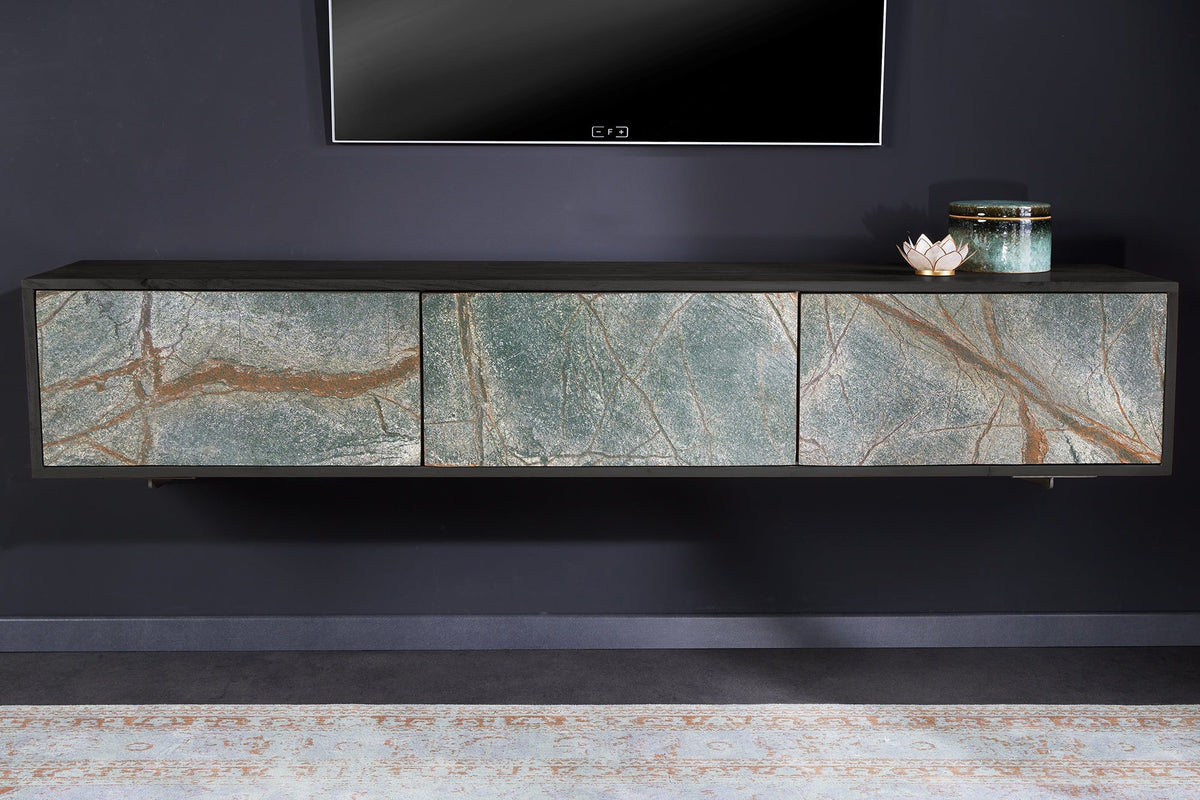 Meuble TV en bois massif MOUNTAIN SOUL 160cm noir suspendu véritable pierre naturelle d’acacia