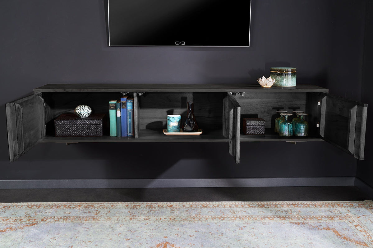 Meuble TV en bois massif MOUNTAIN SOUL 160cm noir suspendu véritable pierre naturelle d’acacia