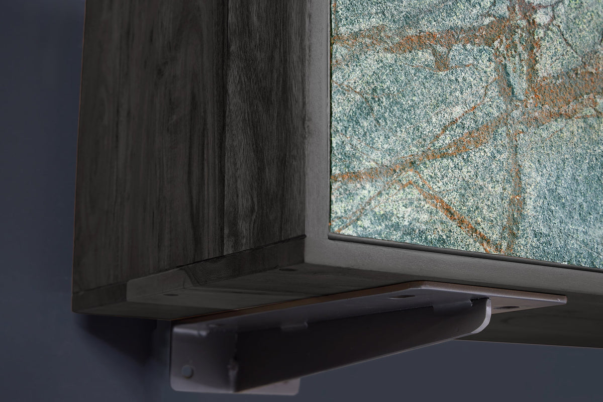 Meuble TV en bois massif MOUNTAIN SOUL 160cm noir suspendu véritable pierre naturelle d’acacia