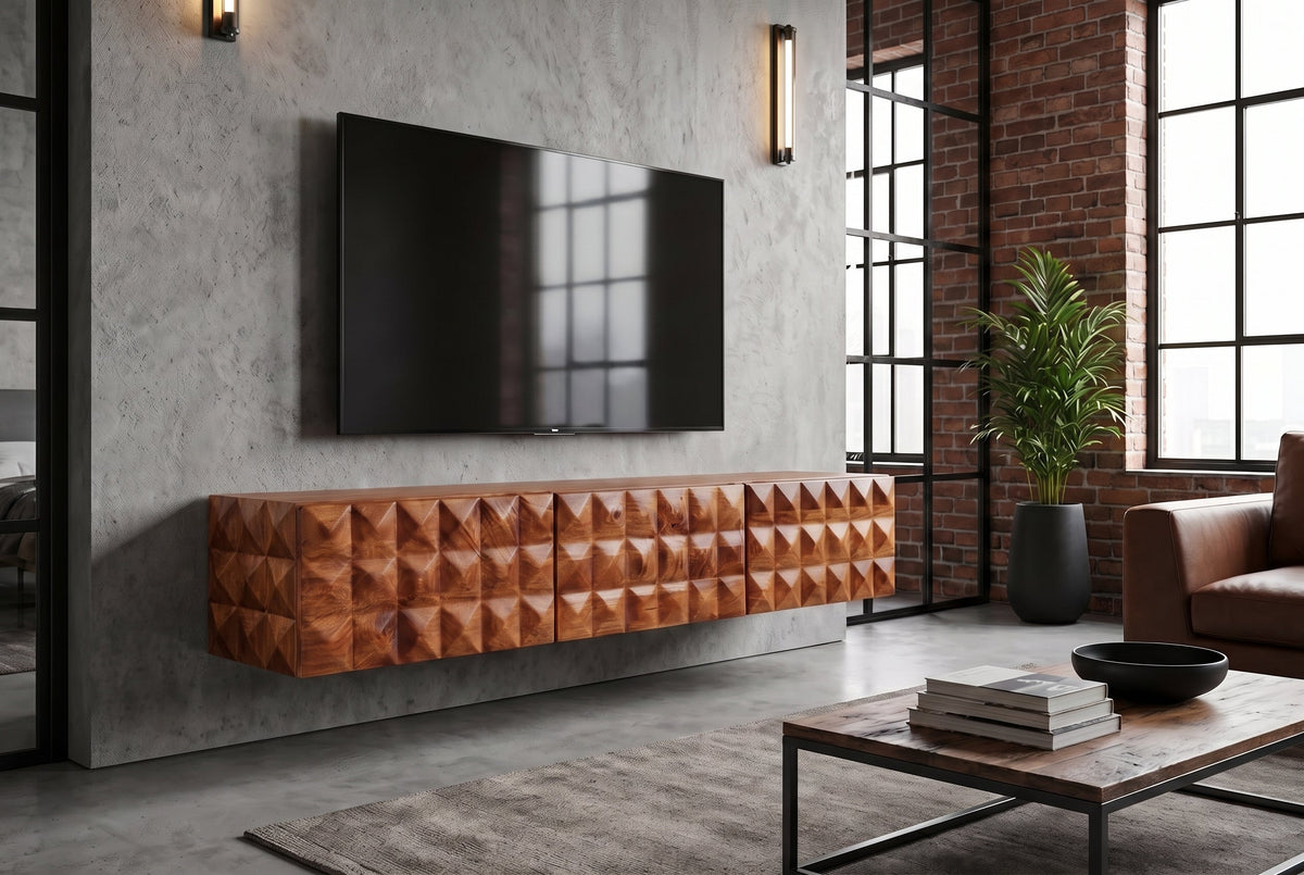 Meuble TV en bois massif VULCANO 160cm suspendu manguier naturel salon