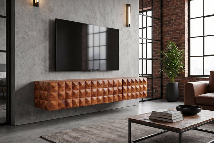 Meuble TV en bois massif VULCANO 160cm suspendu manguier naturel salon