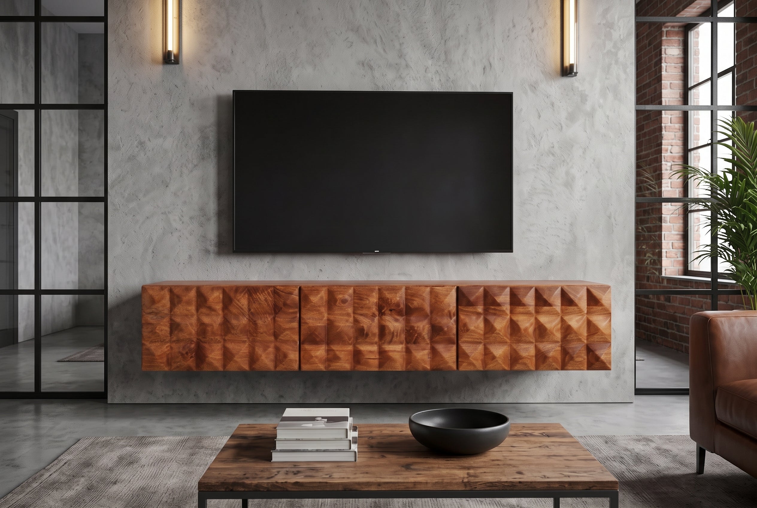 Meuble TV en bois massif VULCANO 160cm suspendu manguier naturel salon