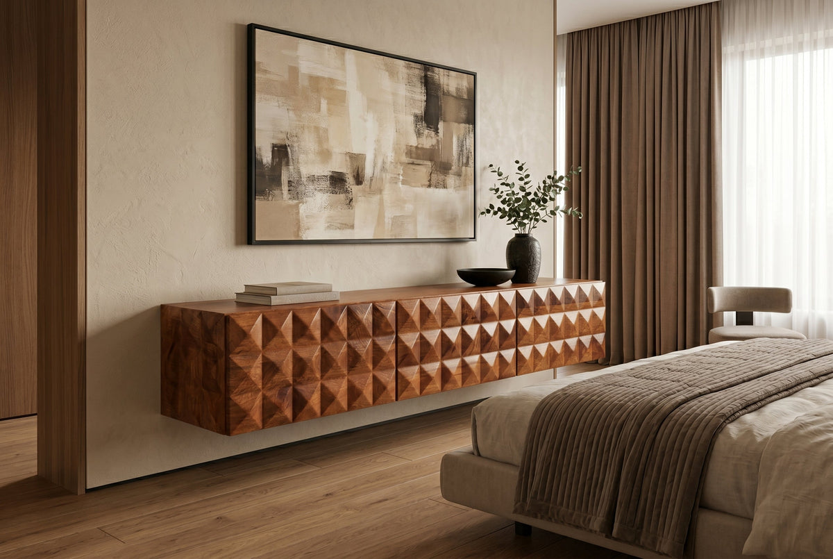 Meuble TV en bois massif VULCANO 160cm suspendu manguier naturel salon