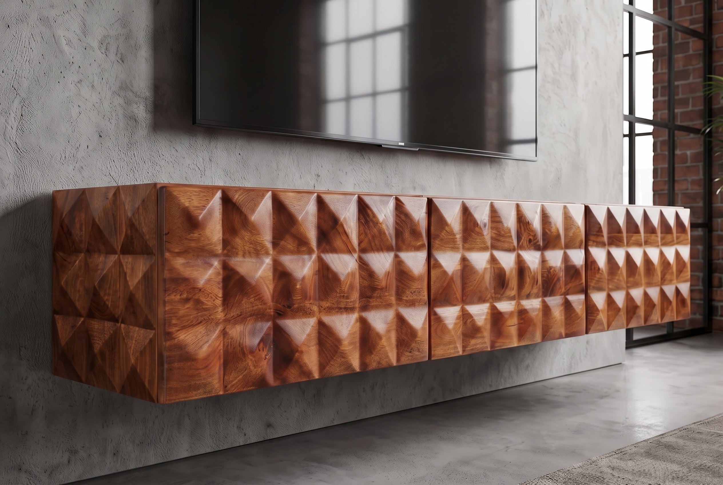 Meuble TV en bois massif VULCANO 160cm suspendu manguier naturel salon