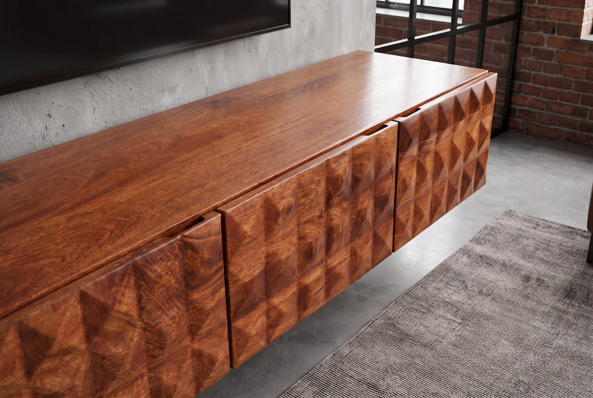 Meuble TV en bois massif VULCANO 160cm suspendu manguier naturel salon