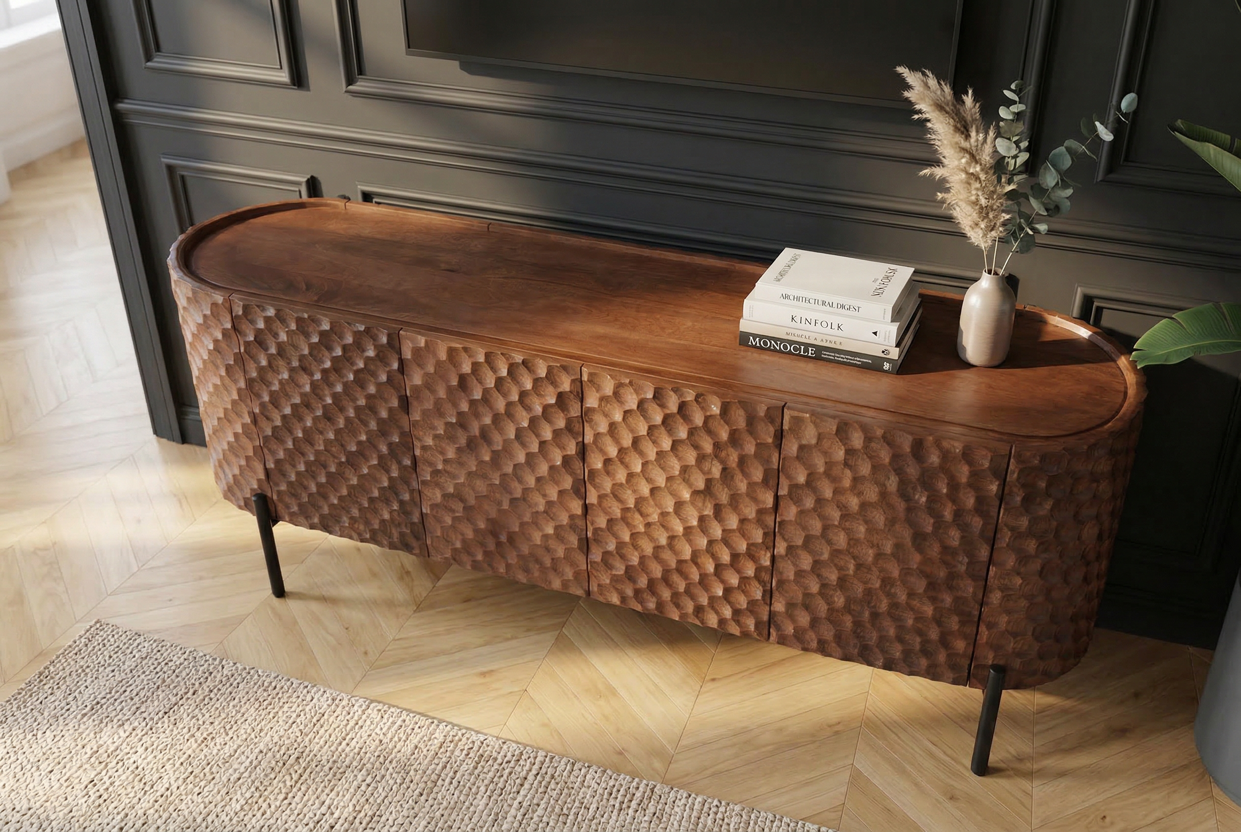 Meuble TV massif ADLON 160 cm en manguier marron métal noir avec façade 3D