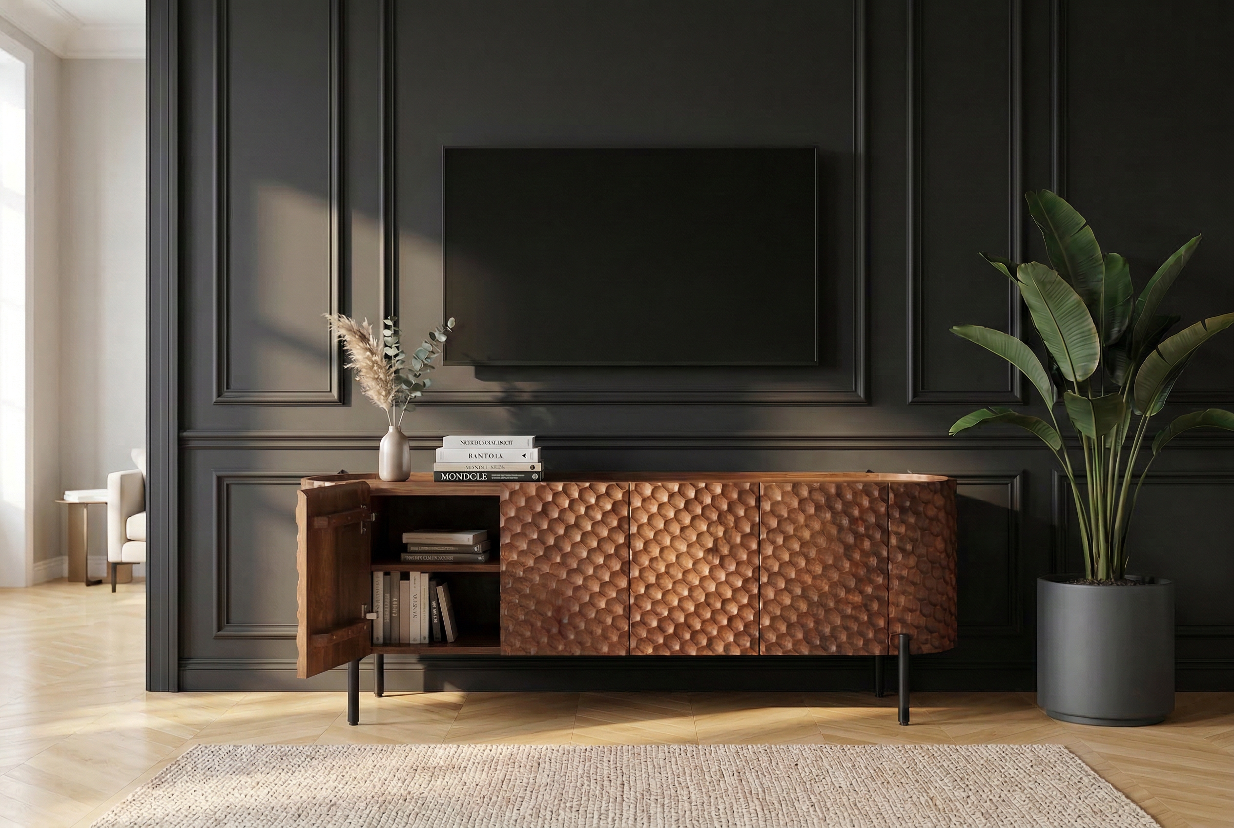 Meuble TV massif ADLON 160 cm en manguier marron métal noir avec façade 3D