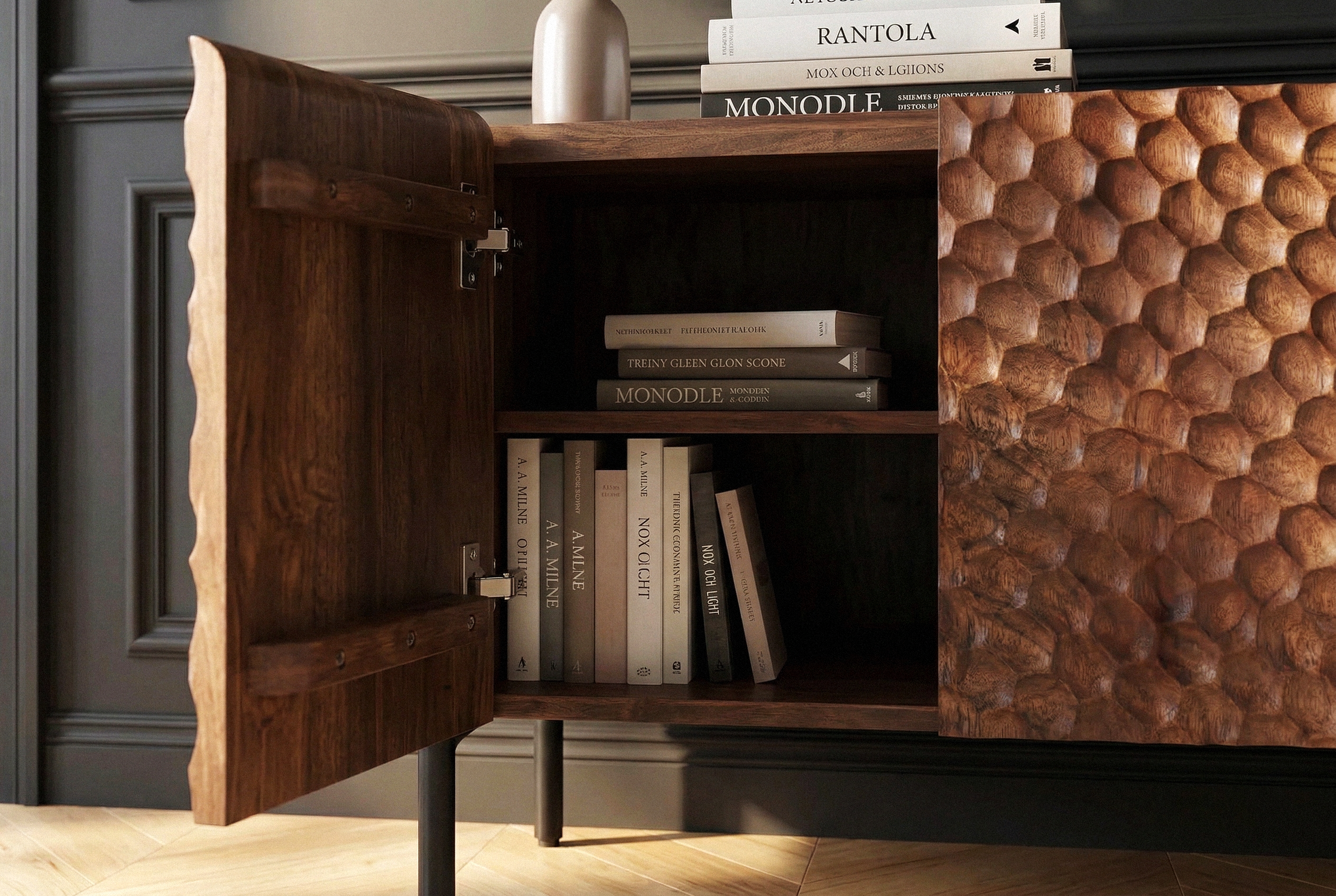 Meuble TV massif ADLON 160 cm en manguier marron métal noir avec façade 3D
