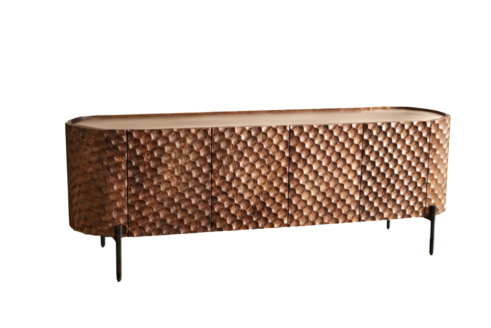 Meuble TV massif ADLON 160 cm en manguier marron métal noir avec façade 3D