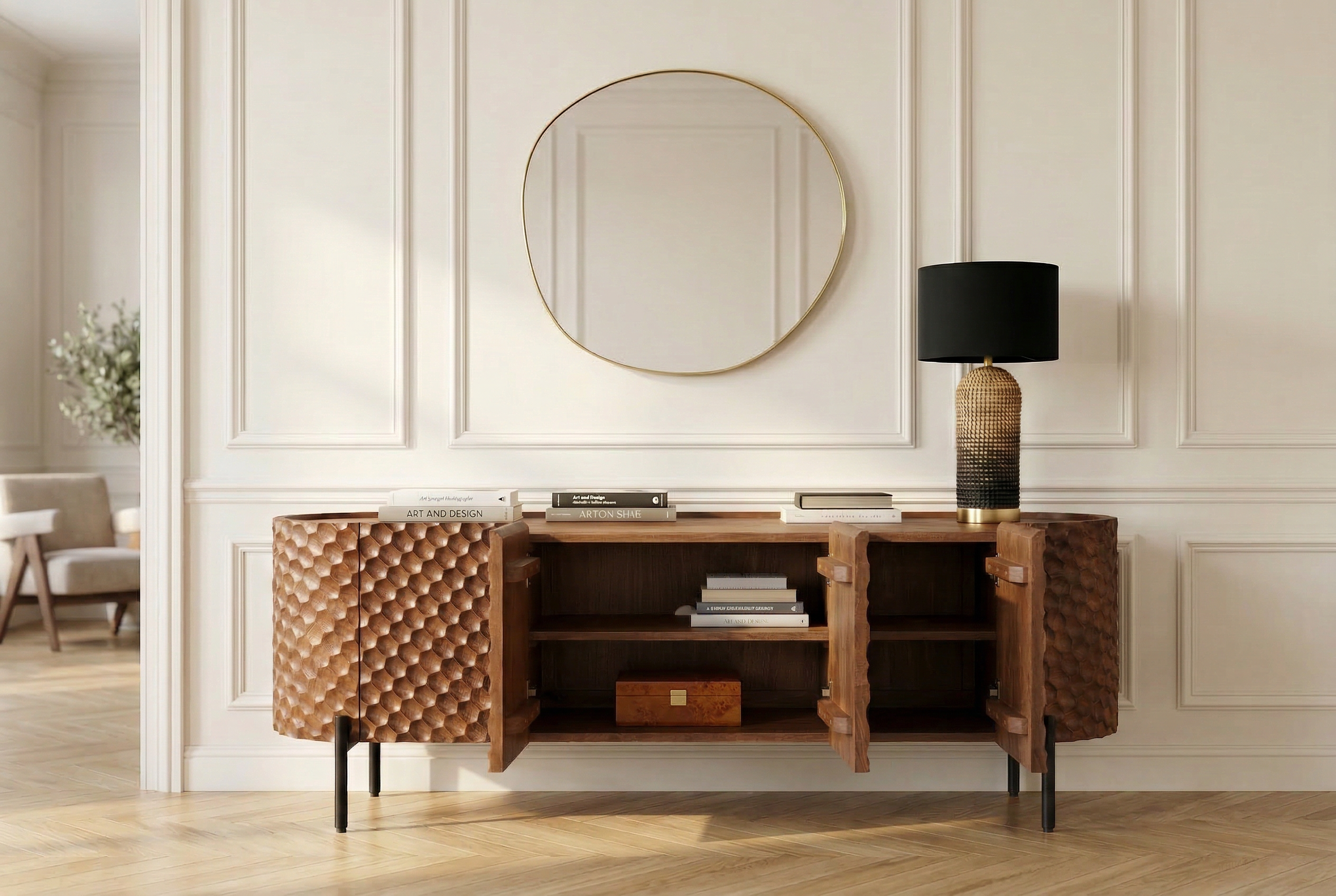 Meuble TV massif ADLON 160 cm en manguier marron métal noir avec façade 3D