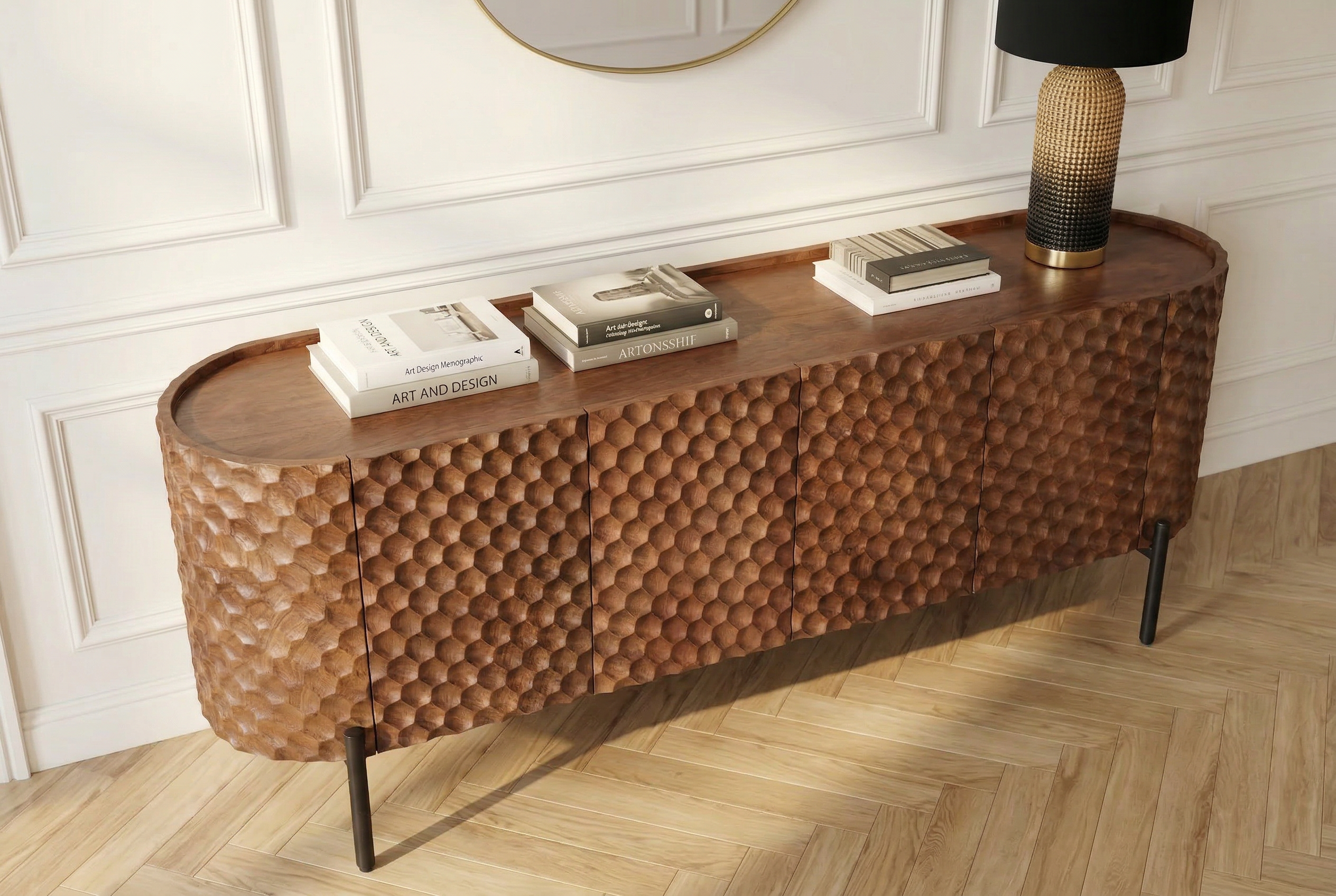 Meuble TV massif ADLON 160 cm en manguier marron métal noir avec façade 3D