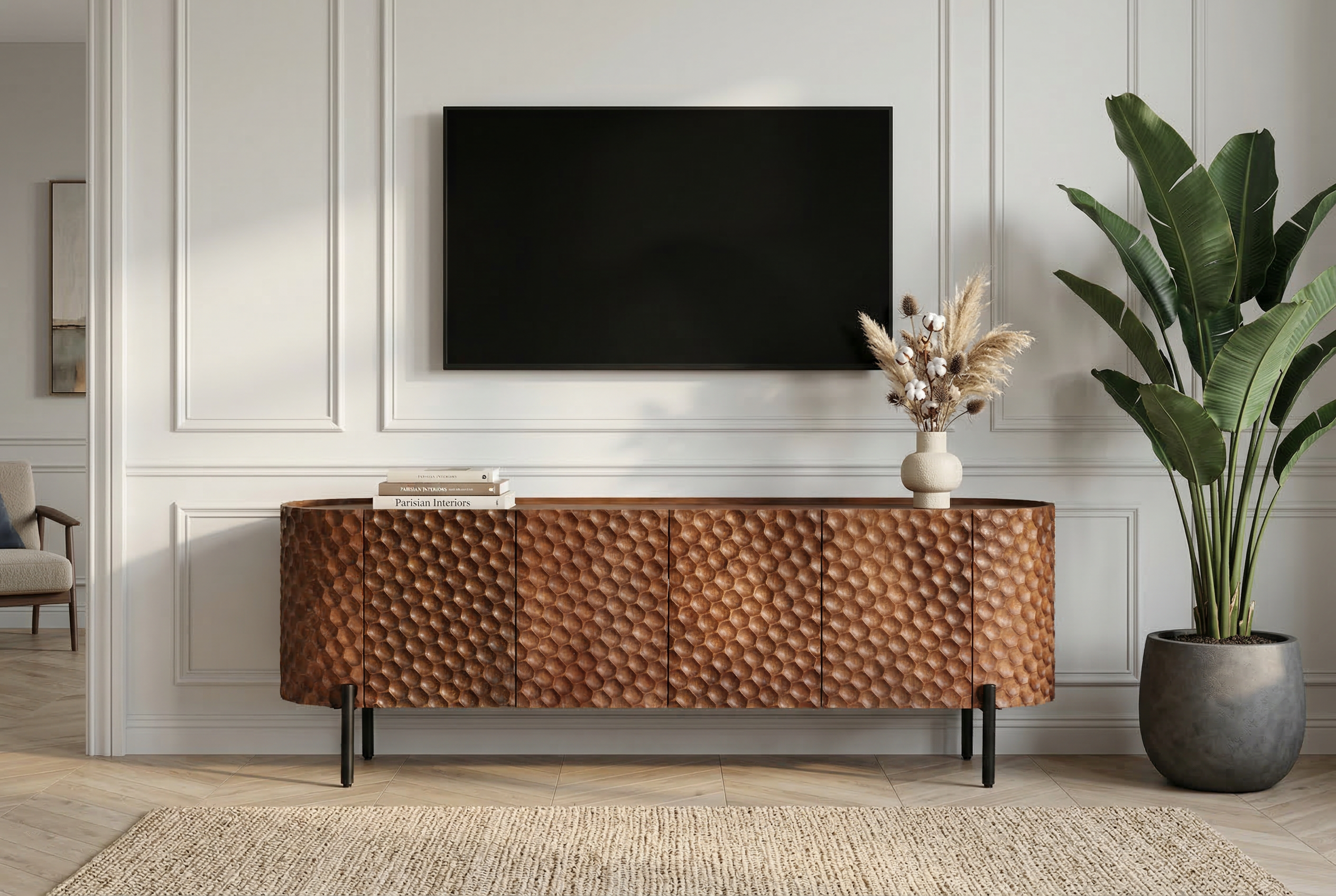 Meuble TV massif ADLON 160 cm en manguier marron métal noir avec façade 3D