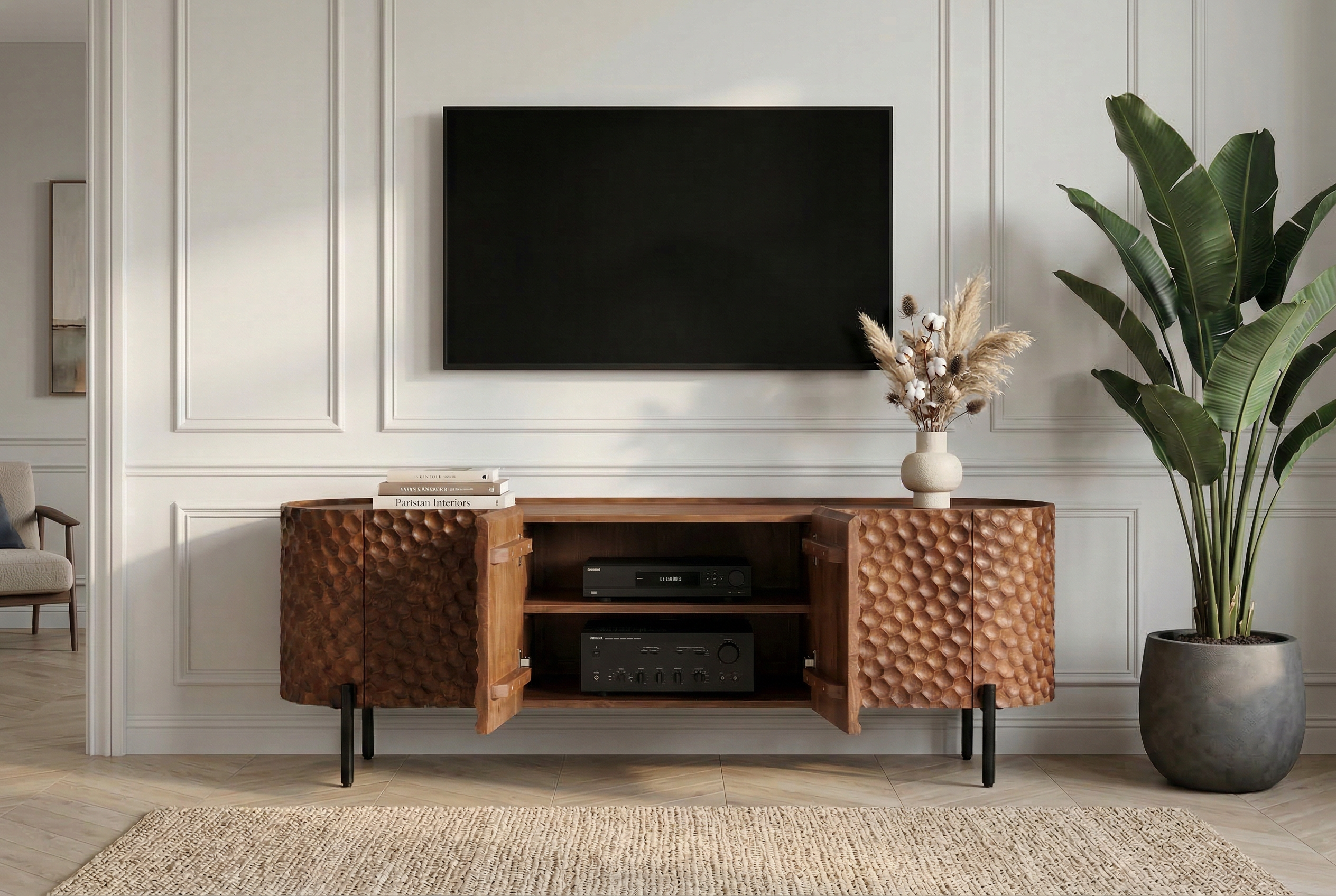 Meuble TV massif ADLON 160 cm en manguier marron métal noir avec façade 3D