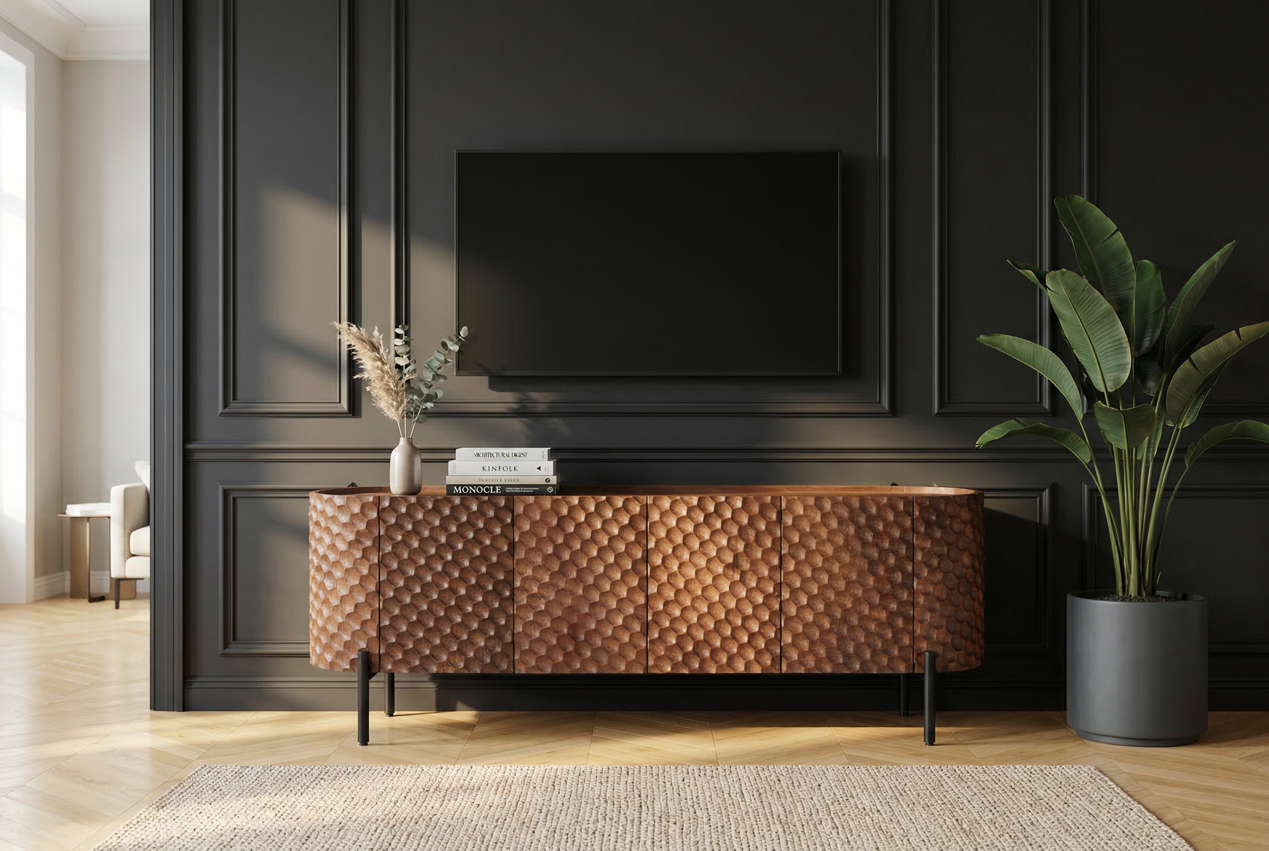 Meuble TV massif ADLON 160 cm en manguier marron métal noir avec façade 3D