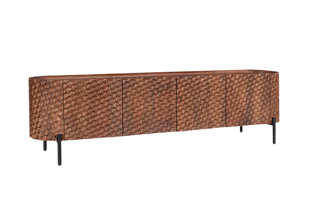 Meuble TV massif ADLON 200cm bois de manguier marron meuble bas métal noir avec façade 3D