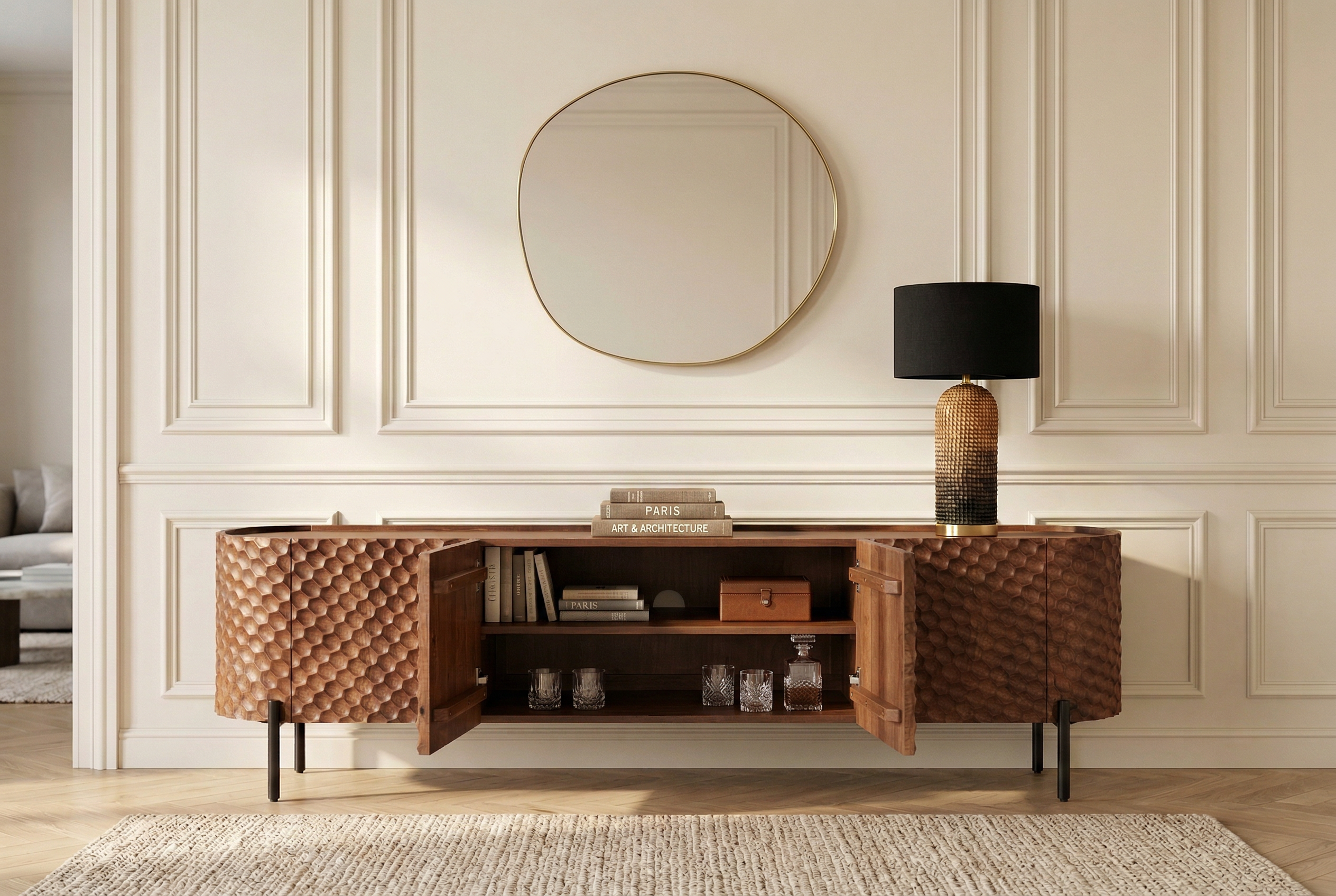 Meuble TV massif ADLON 200cm bois de manguier marron meuble bas métal noir avec façade 3D