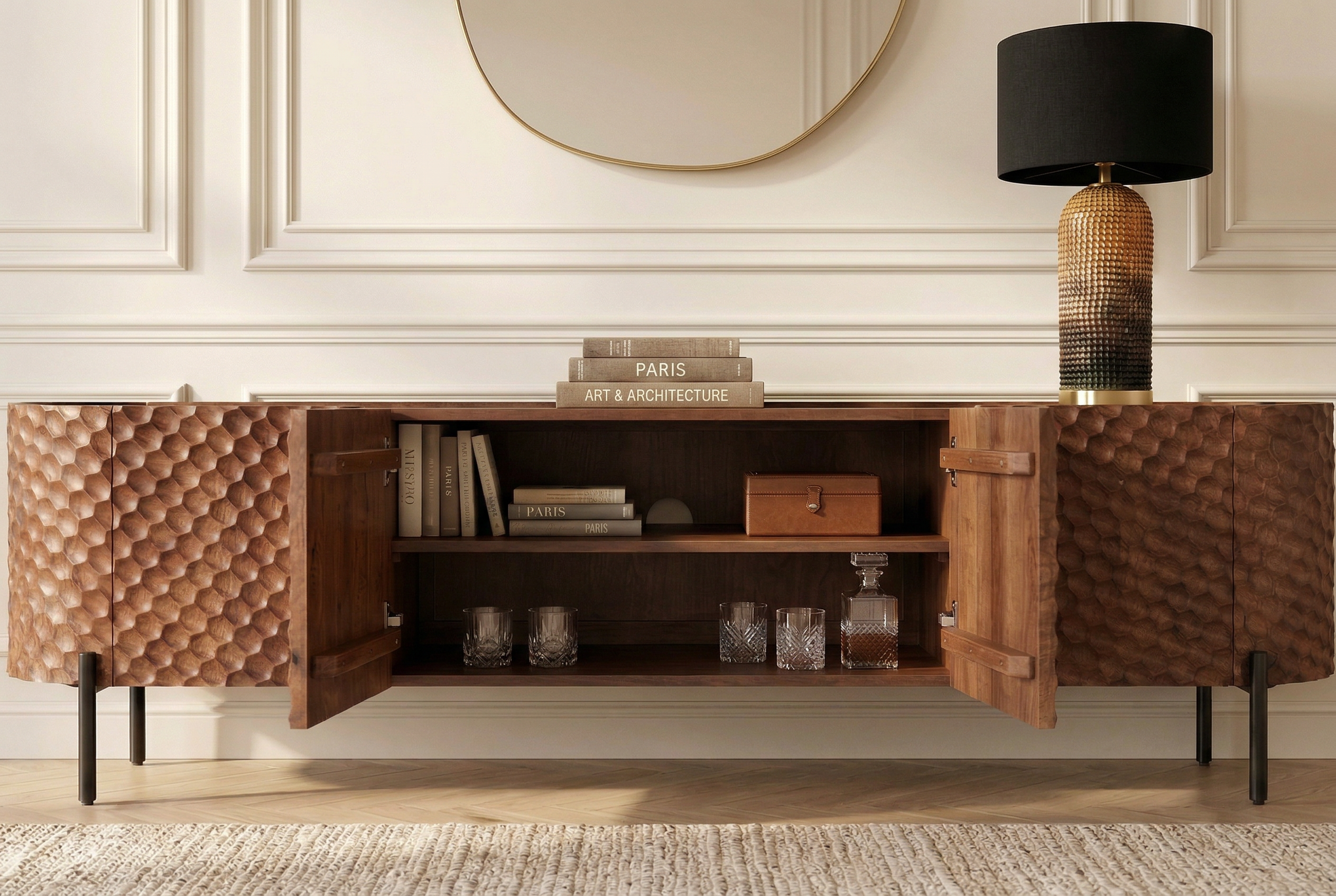 Meuble TV massif ADLON 200cm bois de manguier marron meuble bas métal noir avec façade 3D