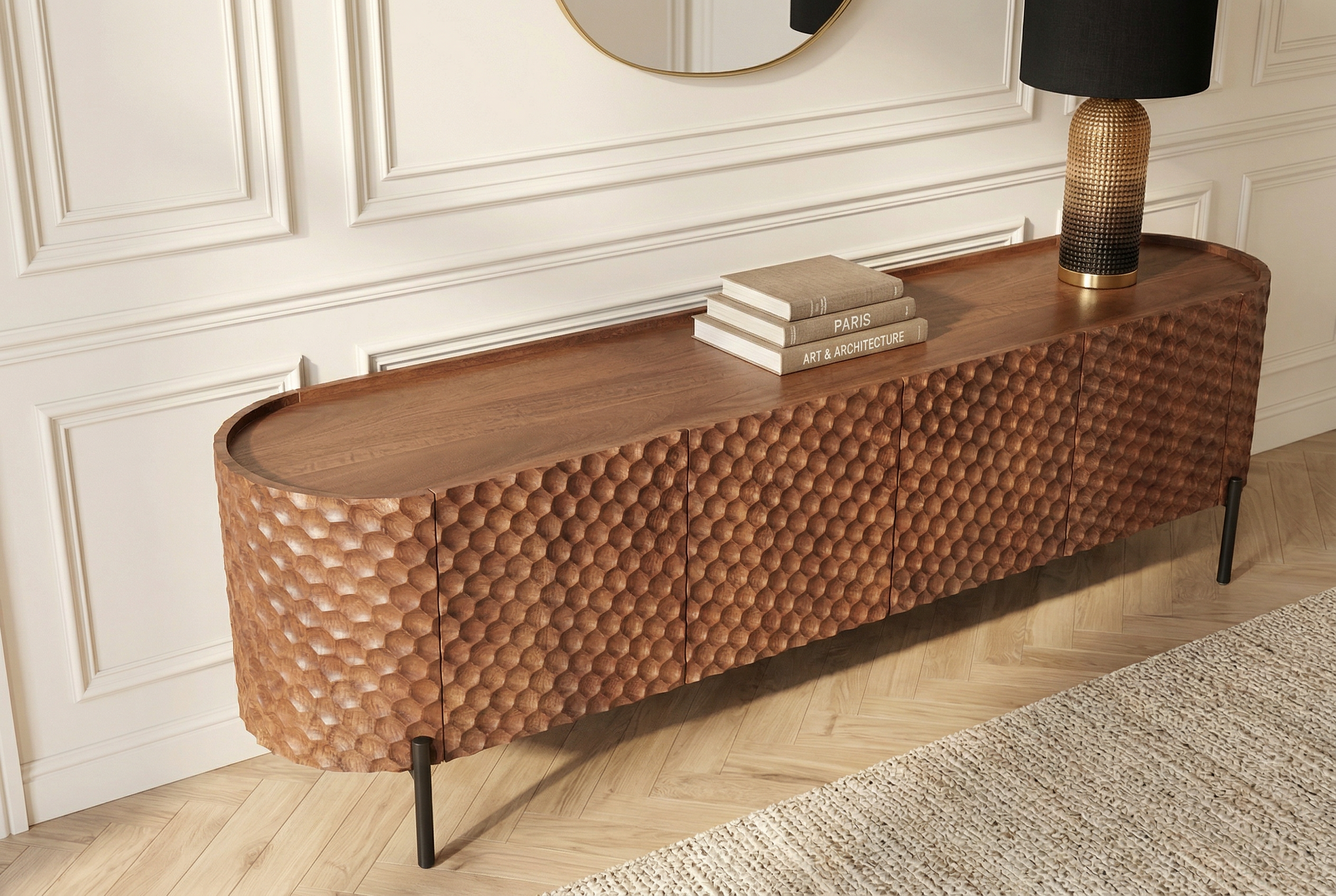Meuble TV massif ADLON 200cm bois de manguier marron meuble bas métal noir avec façade 3D