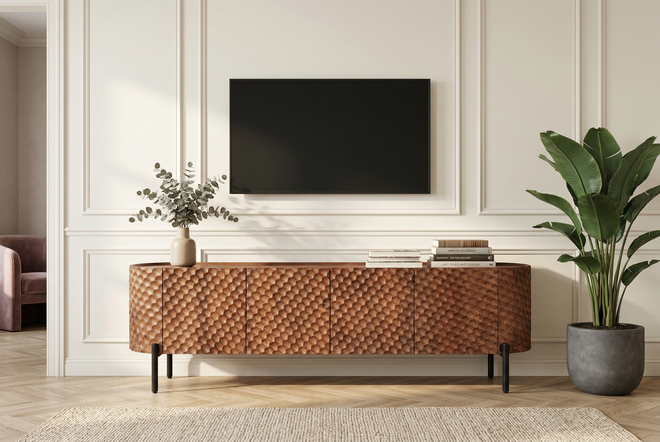 Meuble TV massif ADLON 200cm bois de manguier marron meuble bas métal noir avec façade 3D