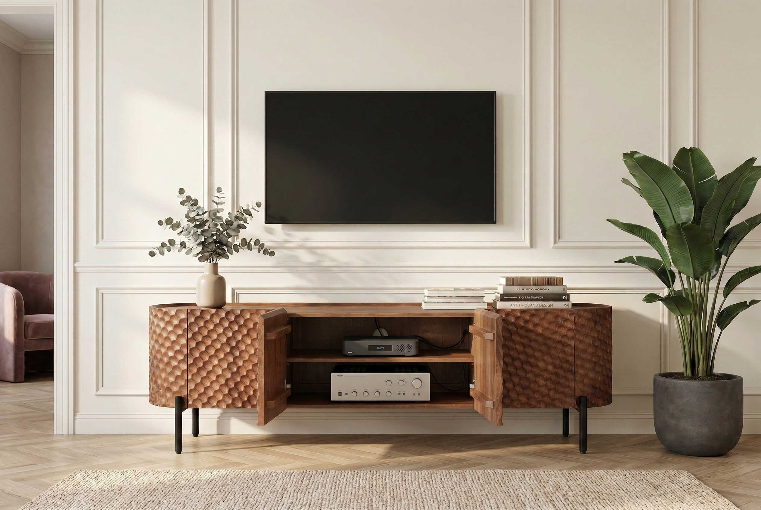Meuble TV massif ADLON 200cm bois de manguier marron meuble bas métal noir avec façade 3D