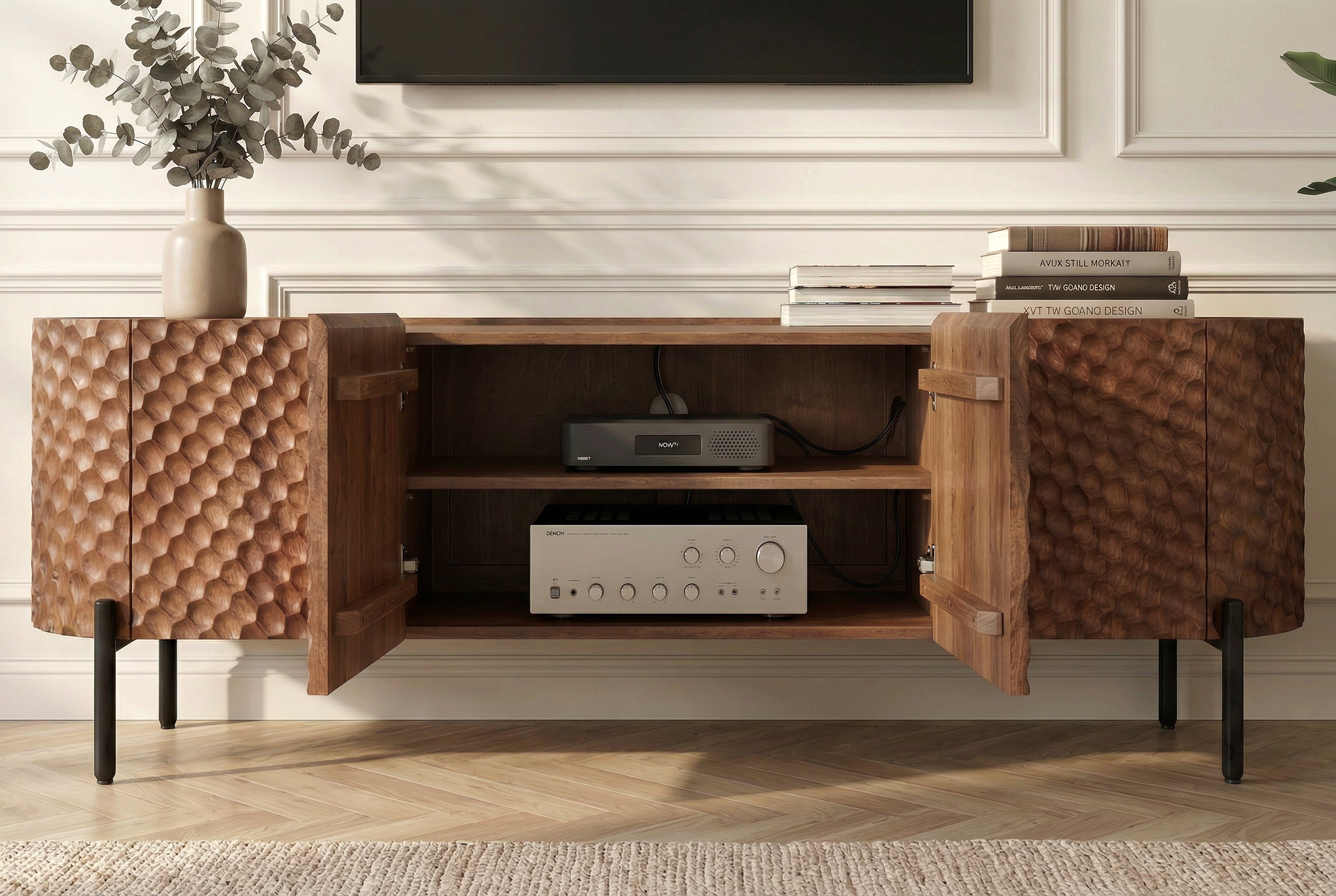 Meuble TV massif ADLON 200cm bois de manguier marron meuble bas métal noir avec façade 3D