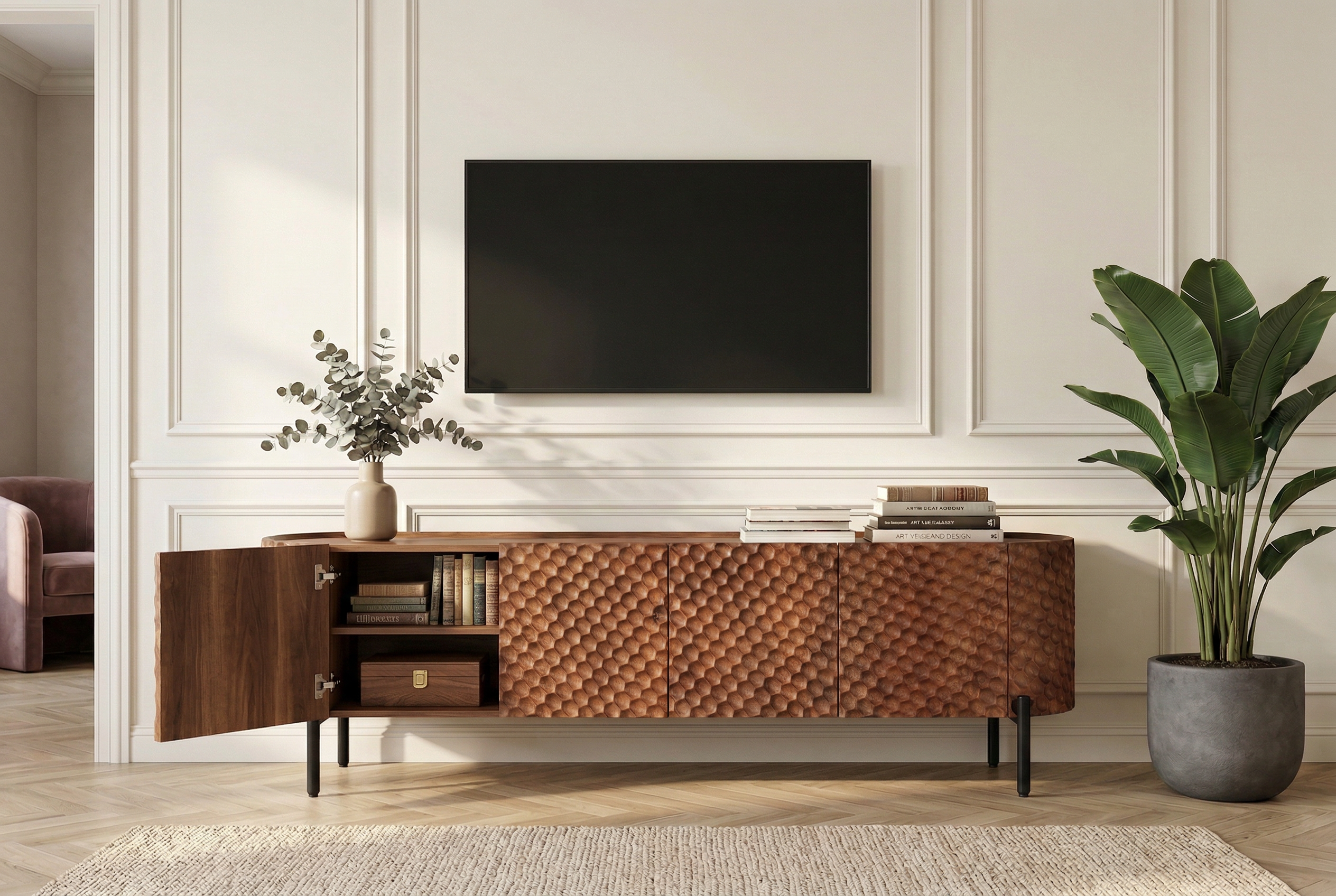 Meuble TV massif ADLON 200cm bois de manguier marron meuble bas métal noir avec façade 3D