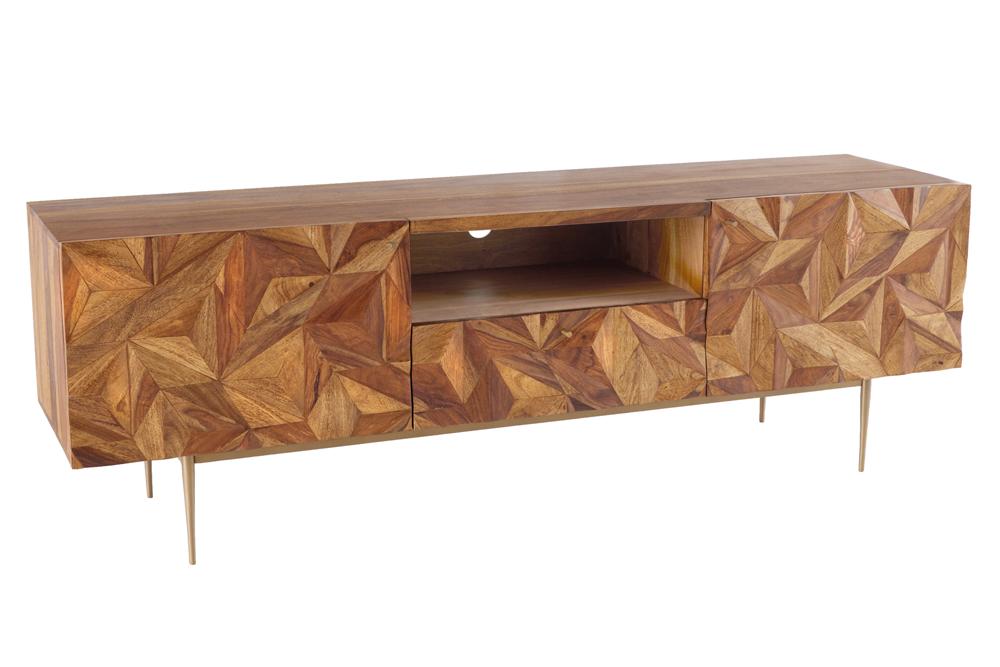 Meuble TV massif ALPINE 160cm marron finition pierre Sheesham métal doré mat