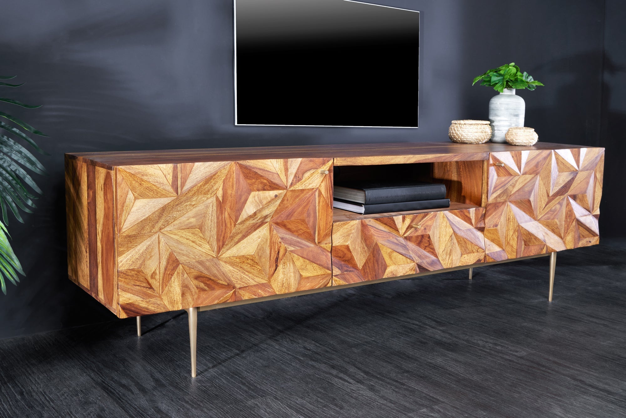 Meuble TV massif ALPINE 160cm marron finition pierre Sheesham métal doré mat