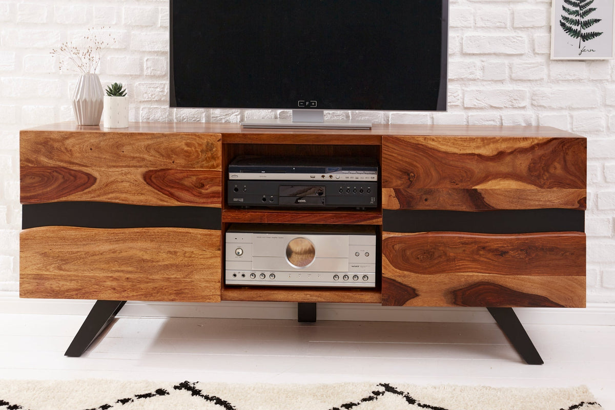 Meuble TV massif AMAZONAS 160cm en bois de Sesham marron avec bordure en arbre