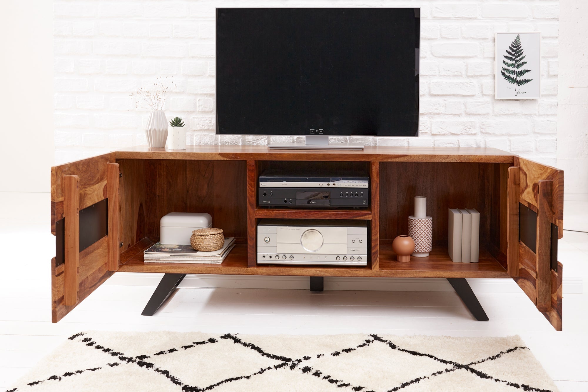 Meuble TV massif AMAZONAS 160cm en bois de Sesham marron avec bordure en arbre