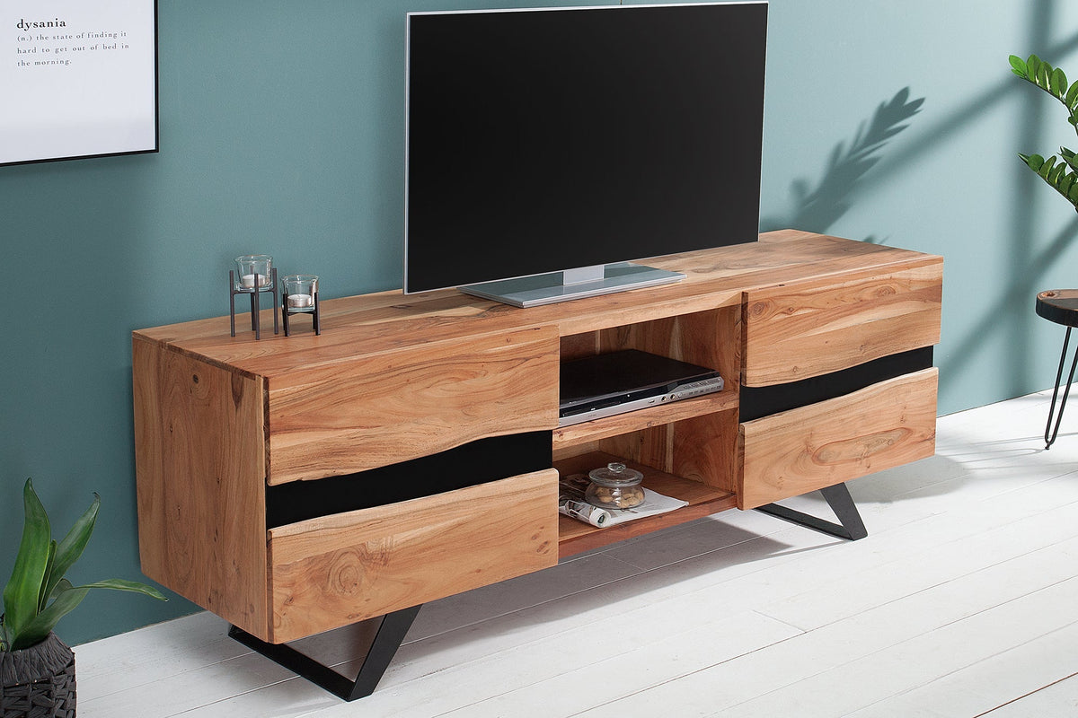 Meuble TV massif AMAZONAS 160cm meuble bas en métal acacia bord d’arbre
