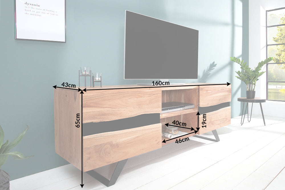 Meuble TV massif AMAZONAS 160cm meuble bas en métal acacia bord d’arbre