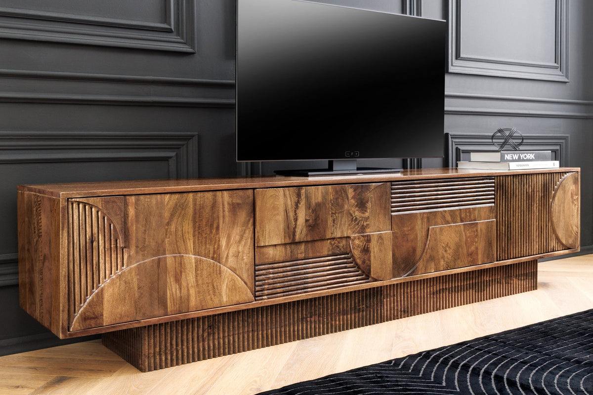Meuble TV massif ART DECO 200cm meuble bas en manguier marron façade 3D