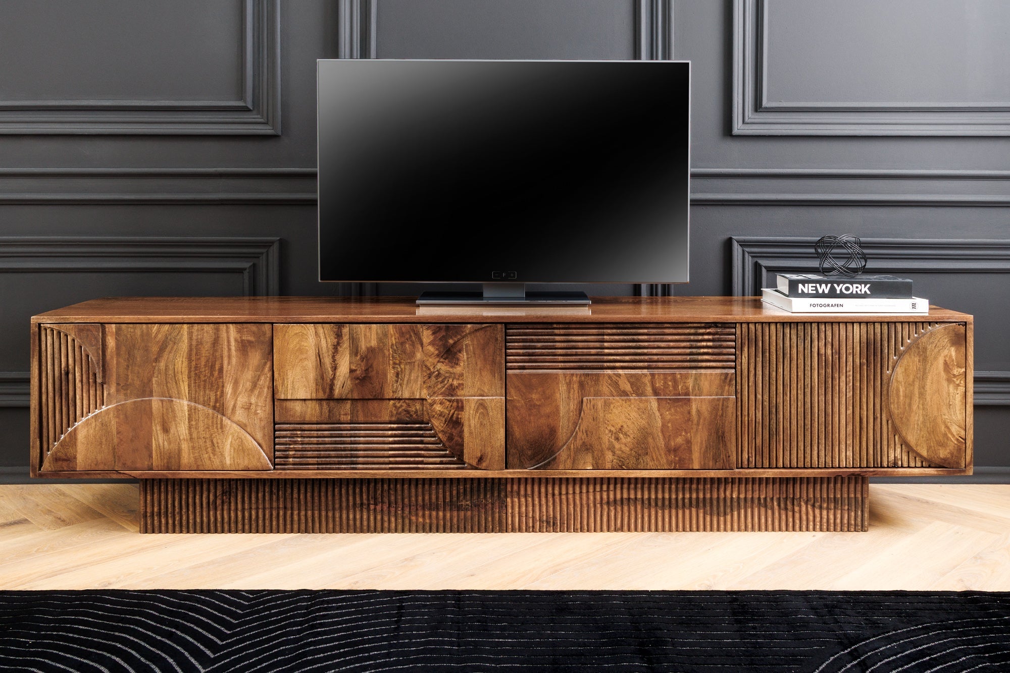 Meuble TV massif ART DECO 200cm meuble bas en manguier marron façade 3D