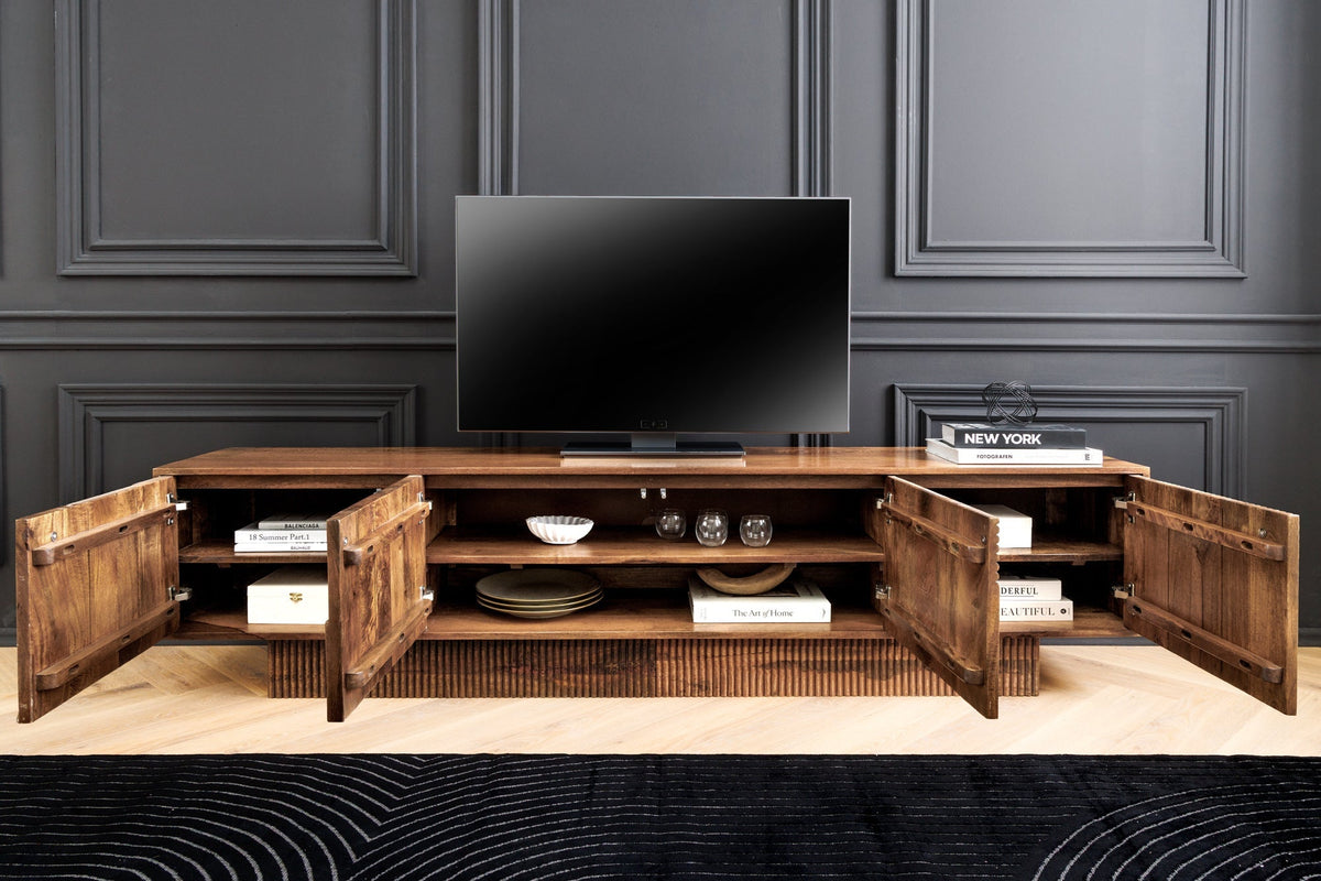 Meuble TV massif ART DECO 200cm meuble bas en manguier marron façade 3D