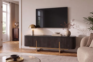 Meuble TV massif GATSBY 160cm meuble bas rétro en manguier noir doré