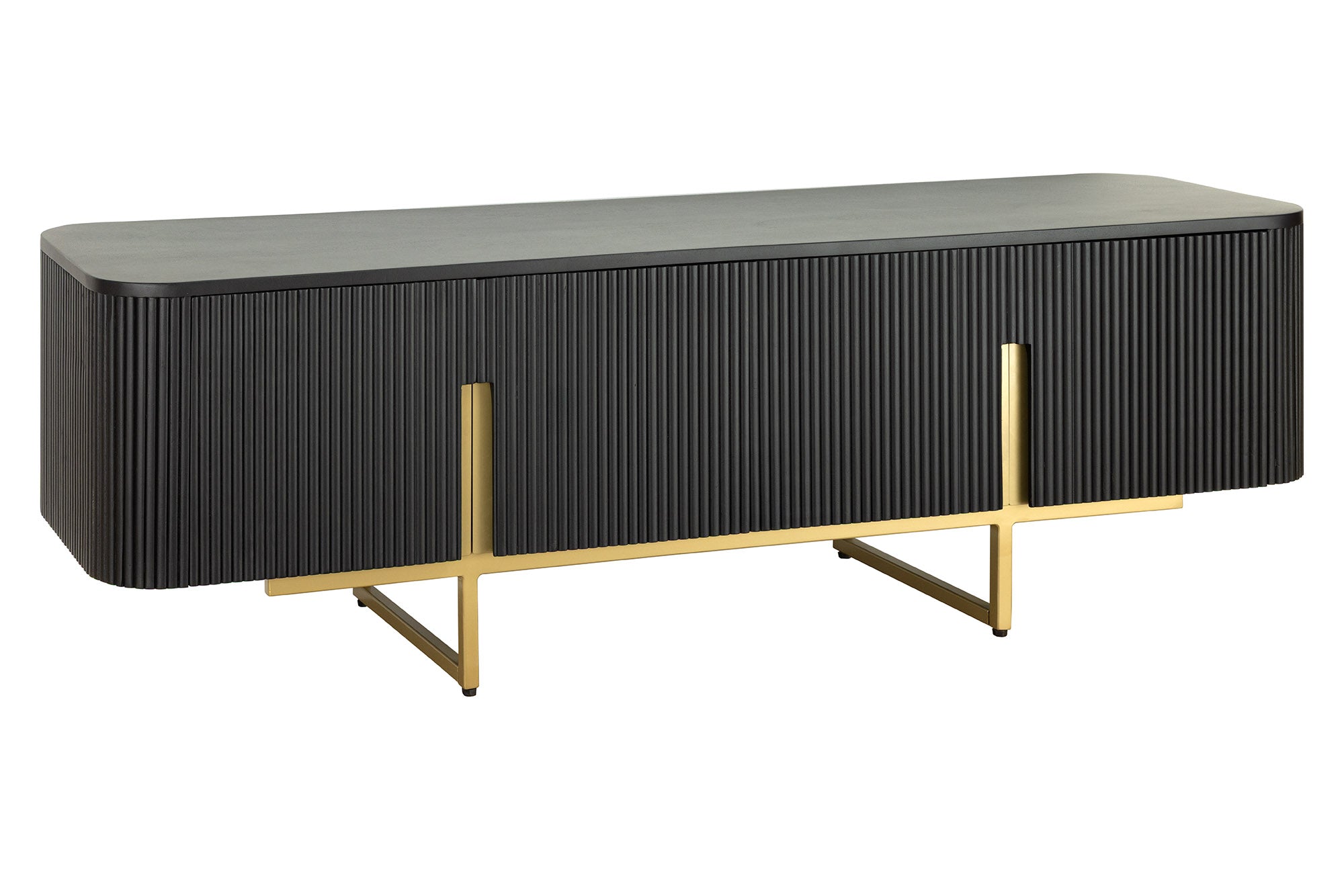 Meuble TV massif GATSBY 160cm meuble bas rétro en manguier noir doré