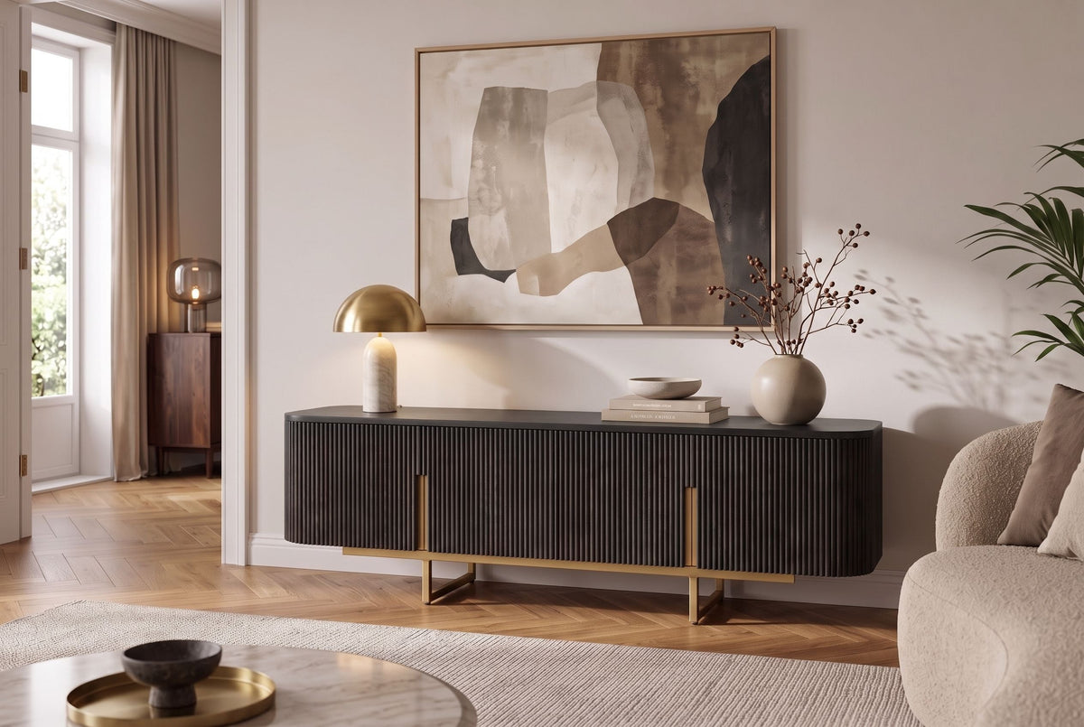 Meuble TV massif GATSBY 160cm meuble bas rétro en manguier noir doré