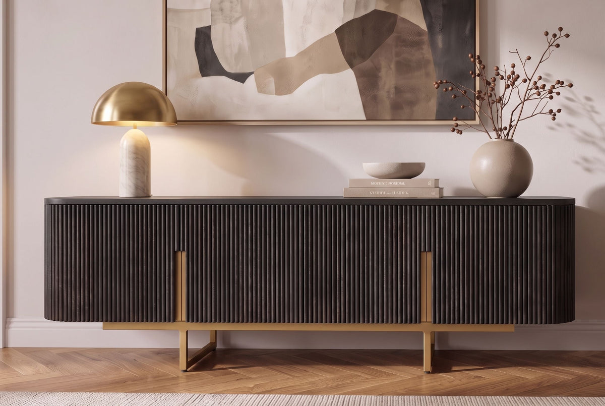 Meuble TV massif GATSBY 160cm meuble bas rétro en manguier noir doré