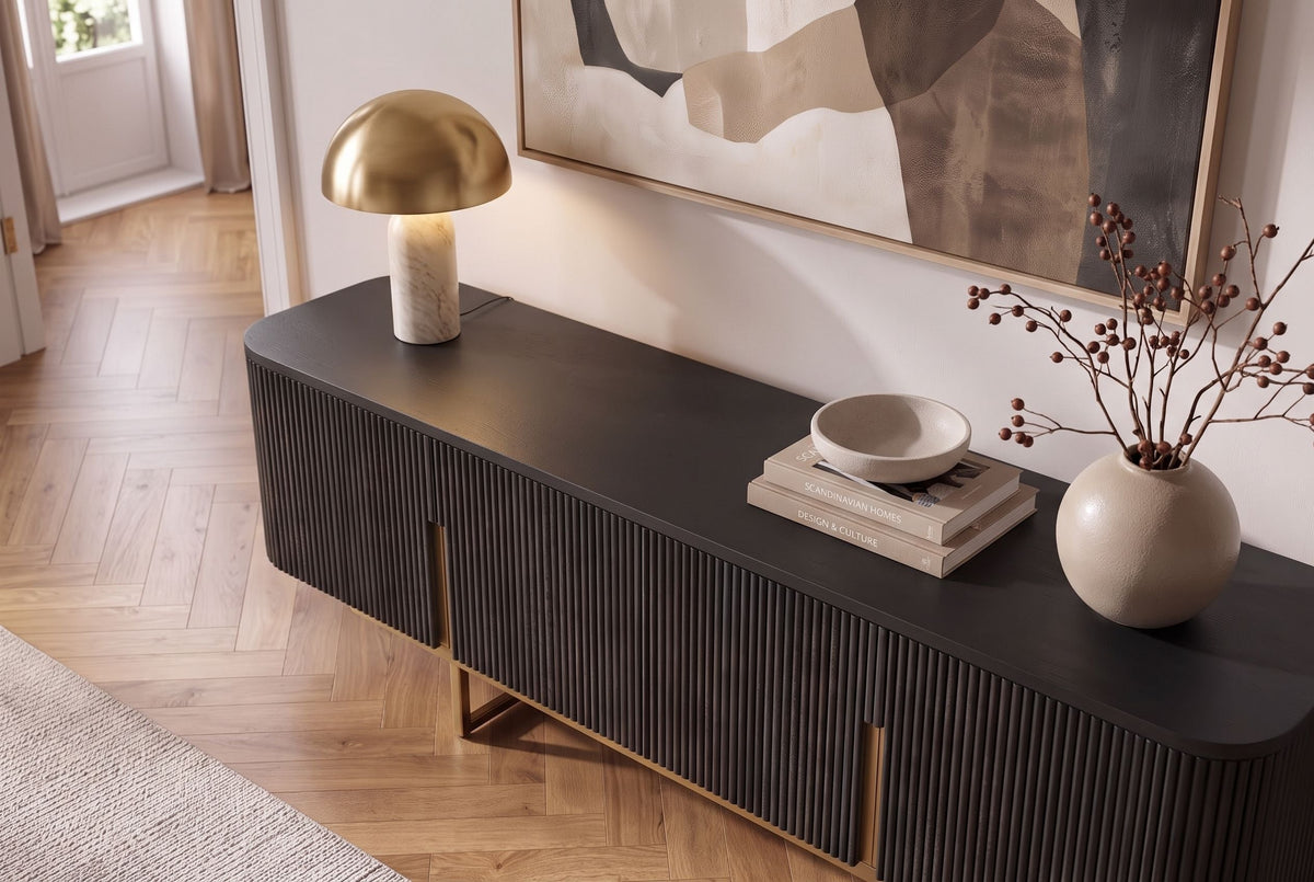 Meuble TV massif GATSBY 160cm meuble bas rétro en manguier noir doré